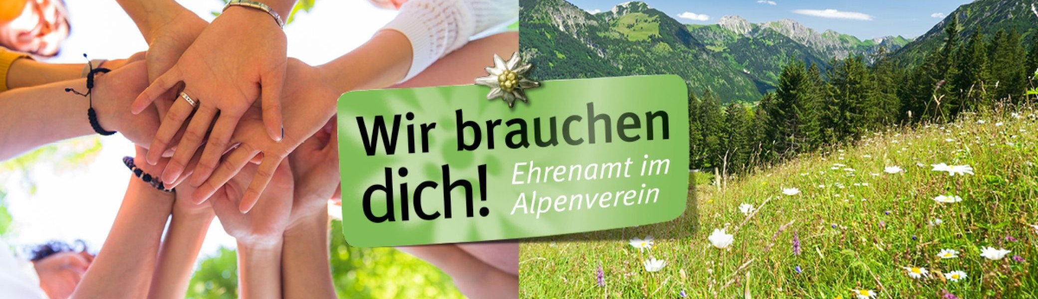Banner mit mehreren Personen, die ihre Hände übereinander halten und Berge | © Deutscher Alpenverein e. V.