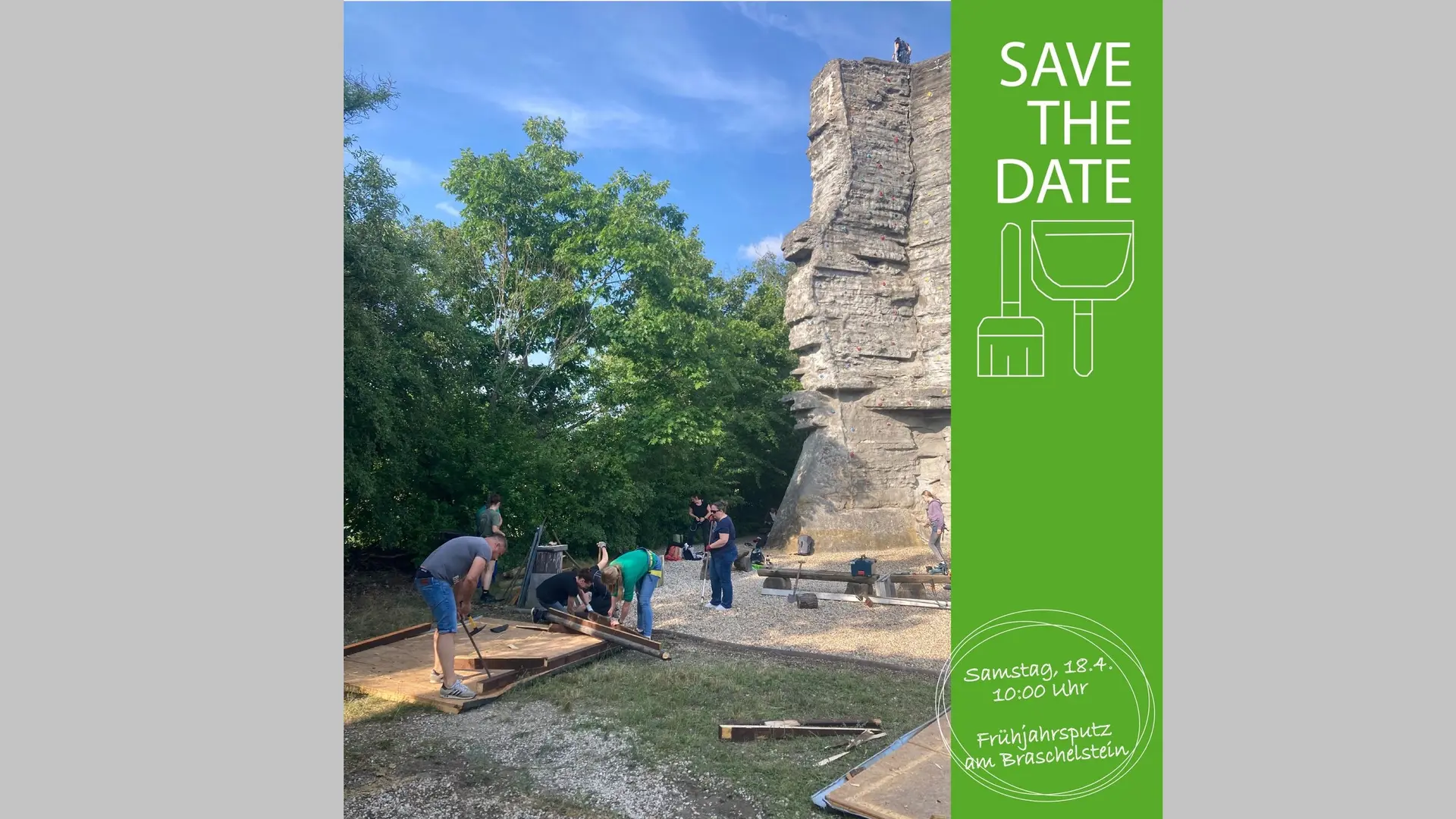Mehrere Personen arbeiten am Kletterfelsen Braschelstein. Am rechten Rand befindet sich ein Banner mit Save the Date zum Frühjahrsputz am 18.04.2026 ab 10:00 Uhr am Braschelstein. | © Hanna Zeißig