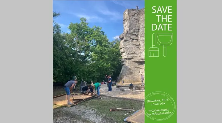 Mehrere Personen arbeiten am Kletterfelsen Braschelstein. Am rechten Rand befindet sich ein Banner mit Save the Date zum Frühjahrsputz am 18.04.2026 ab 10:00 Uhr am Braschelstein. | © Hanna Zeißig