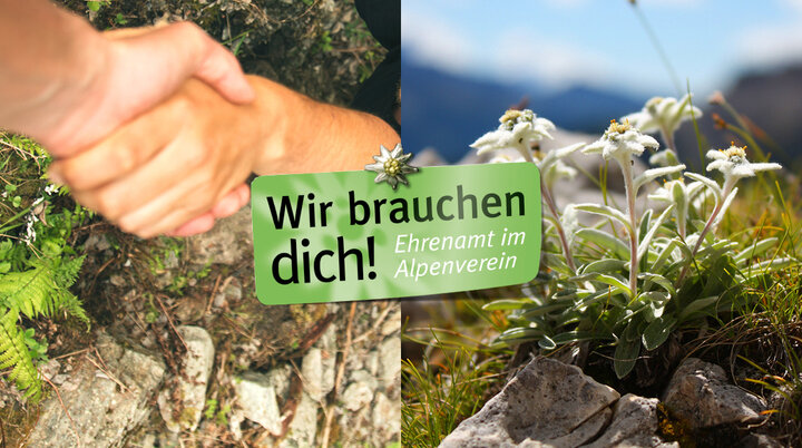 Banner mit zwei festhaltenden Händen und Bergen | © Deutscher Alpenverein e. V.